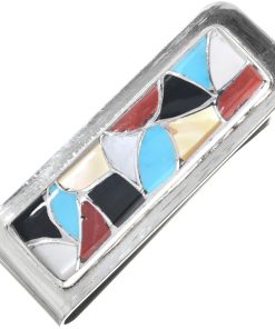 Zuni Turquoise Shell Silver Money Clip Colorful Inlay 0004