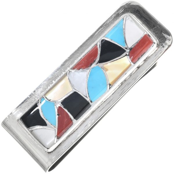 Zuni Turquoise Shell Silver Money Clip Colorful Inlay 0004