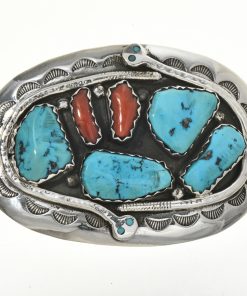 Zuni Turquoise Coral Vintage Snake Buckle by Effie Calavaza 0021