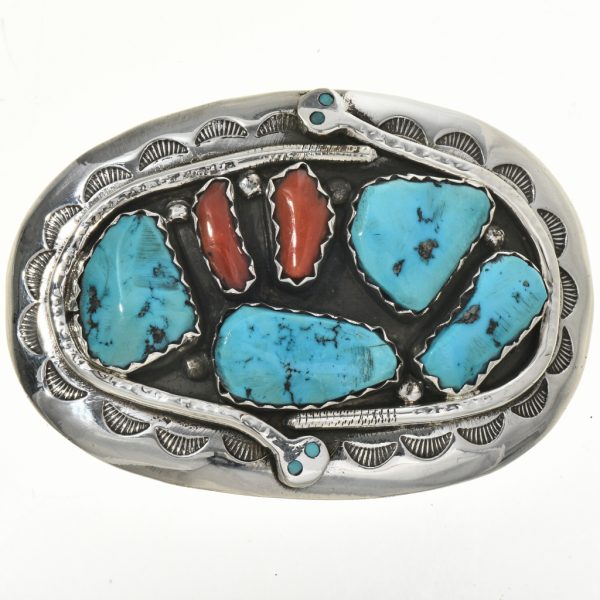 Zuni Turquoise Coral Vintage Snake Buckle by Effie Calavaza 0021