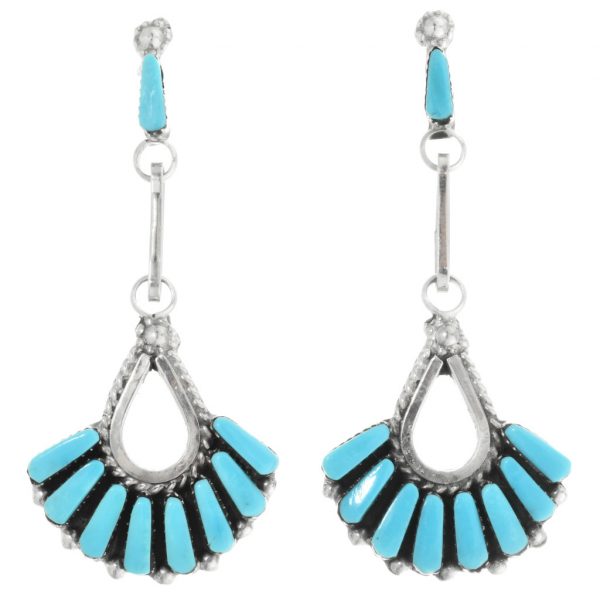 Zuni Turquoise Post Dangle Earrings Sterling Fan Design 0077