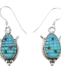 Zuni Carved Turquoise Corn Earrings French Hook Dangles by Tracey Bowekaty 0125