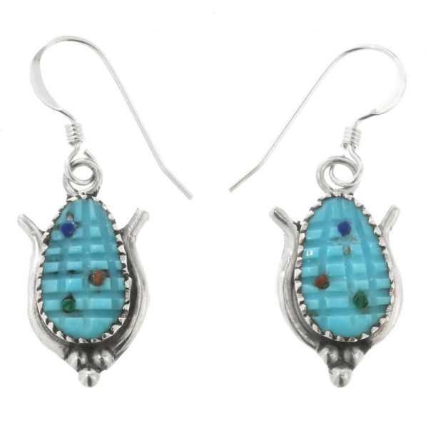 Zuni Carved Turquoise Corn Earrings French Hook Dangles by Tracey Bowekaty 0125