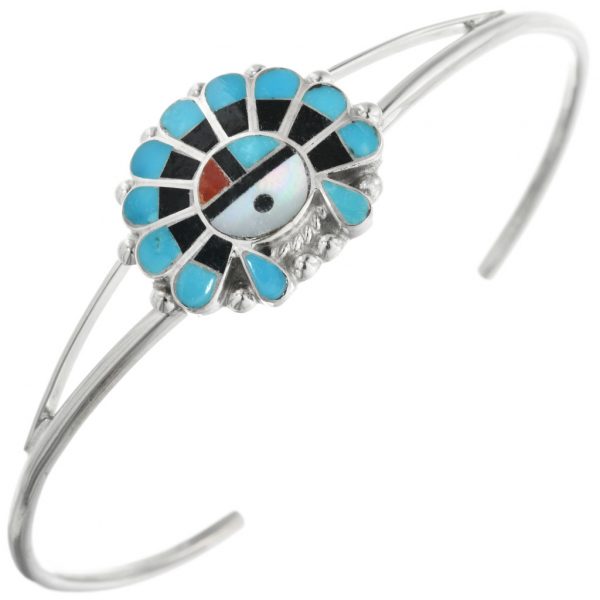Zuni Inlaid Sunface Ladies Bracelet Sterling Cuff 0196