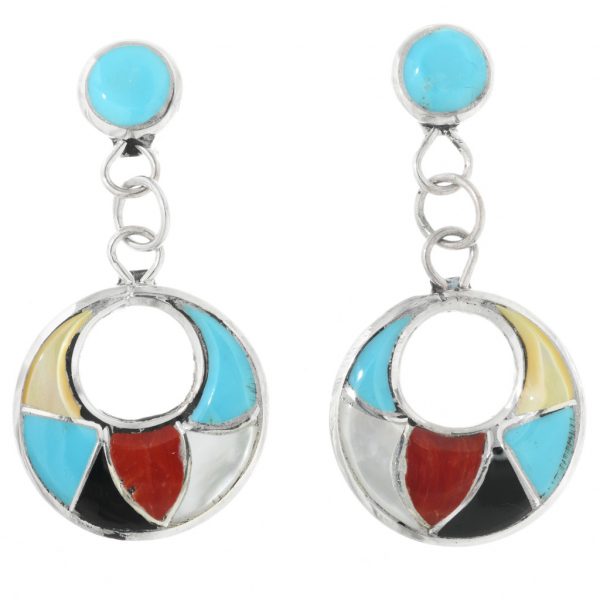 Zuni Inlaid Turquoise Shell Earrings Open Hoop Dangles 0200