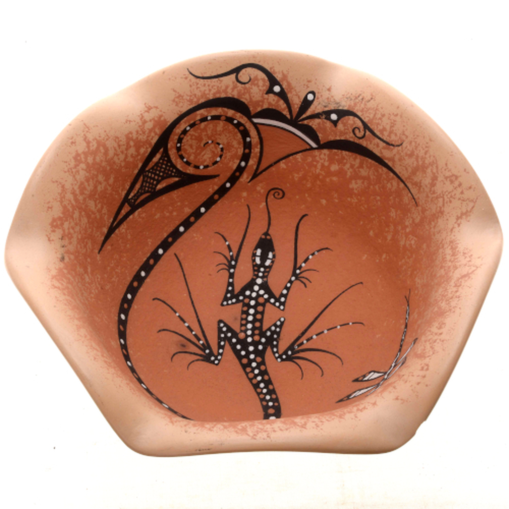 Zuni Indian Lizard Bowl Polychrome Fluted Lip Signed 0208