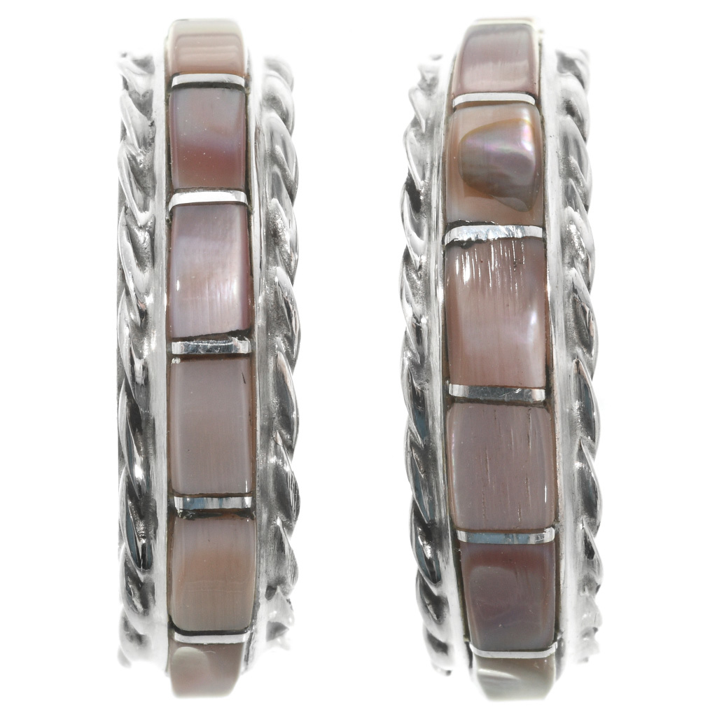 Zuni Inlaid Pink Shell Earrings Silver Half Hoop Posts 0221