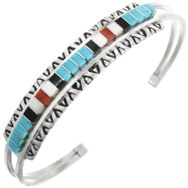 Zuni Inlaid Turquoise Shell Cuff Sterling Bracelet 0245