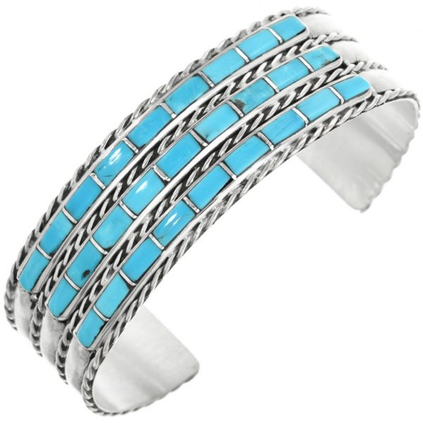 Zuni Turquoise Silver Inlay Bracelet Sterling Cuff 0267