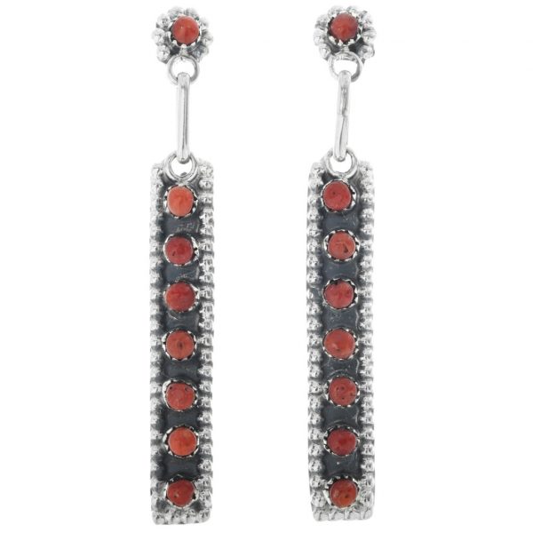 Zuni Coral Post Dangle Earrings Long Snake Eyes 0269