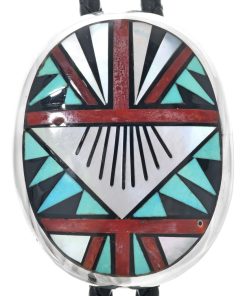 Zuni Inlaid Bolo Tie Traditional Turquoise MOP Sterling Pattern 0310