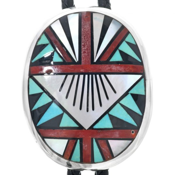 Zuni Inlaid Bolo Tie Traditional Turquoise MOP Sterling Pattern 0310