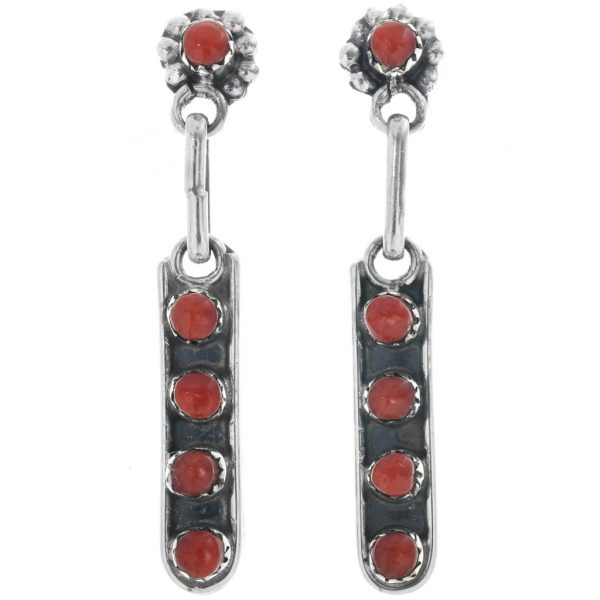 Zuni Coral Post Dangle Earrings Long Line Patten 0320