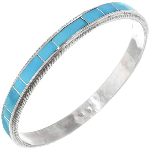Zuni Turquoise Sterling Inlaid Bangle Silver Bracelet 0328