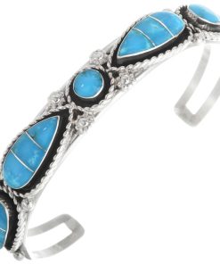 Zuni Turquoise Silver Inlay Bracelet Sterling Cuff 0429