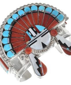 Zuni Inlaid Sunface Turquoise Coral Cuff Sterling Bracelet 0475