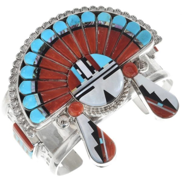 Zuni Inlaid Sunface Turquoise Coral Cuff Sterling Bracelet 0475