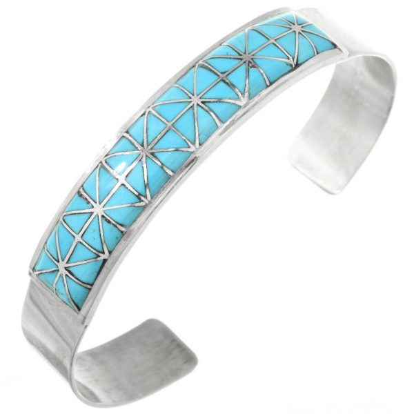 Zuni Turquoise Silver Inlay Bracelet Complex Star Pattern Cuff 0499