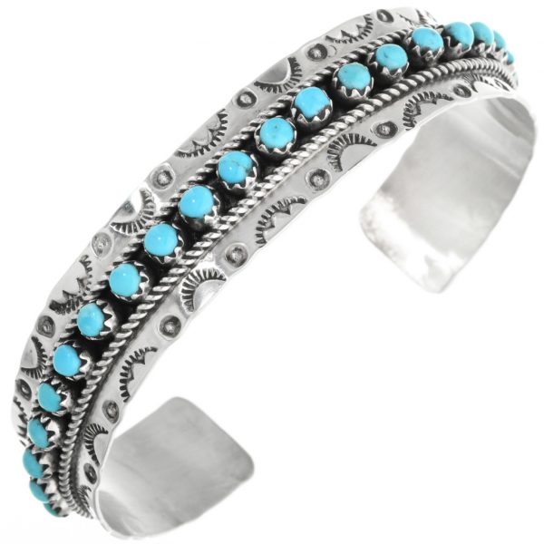 Zuni Turquoise Row Bracelet Ladies Hammered Silver Cuff 0889