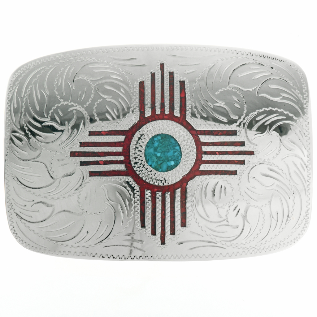 Zia Coral Turquoise Silver Belt Buckle Inlaid Coral Engraved Silver 0899