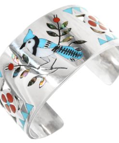 Zuni Inlaid Bluejay Silver Wide Bracelet Edaakie Cuff 0924