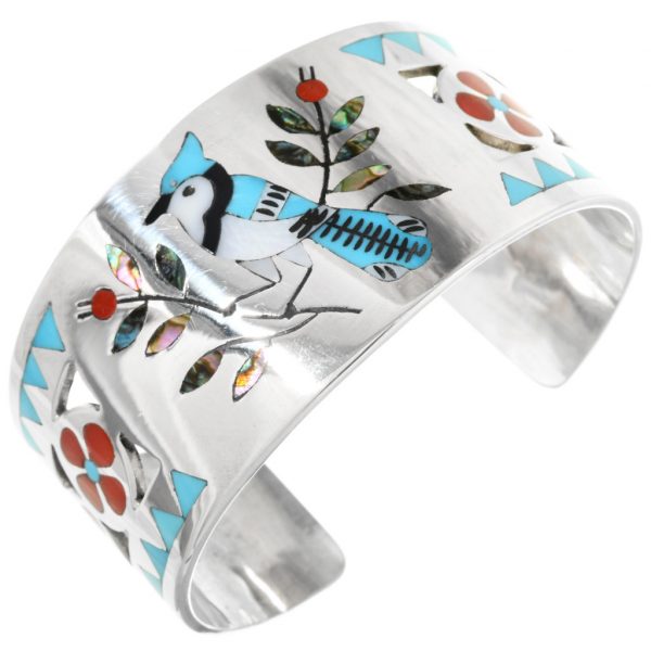 Zuni Inlaid Bluejay Silver Wide Bracelet Edaakie Cuff 0924