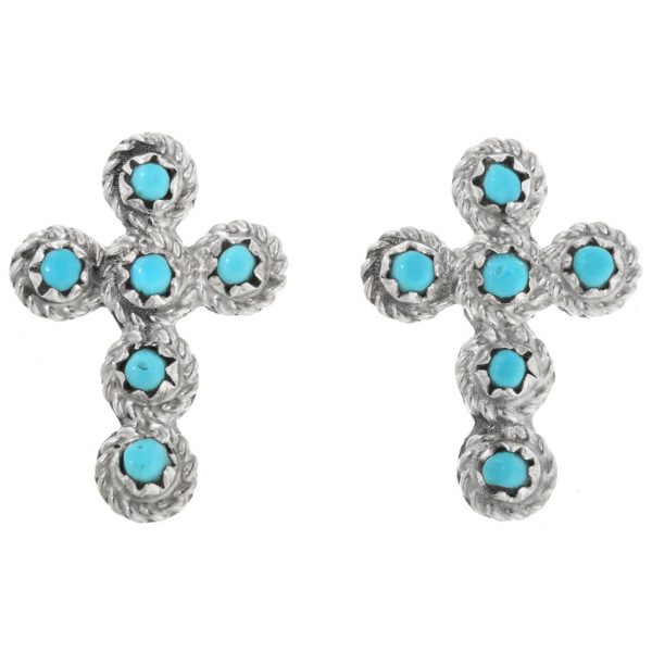 Zuni Turquoise Silver Cross Earrings Post Studs 1042