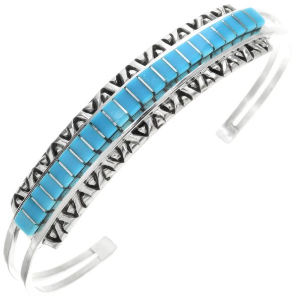 Zuni Inlaid Turquoise Silver Cuff Sterling Ladies Bracelet 1252