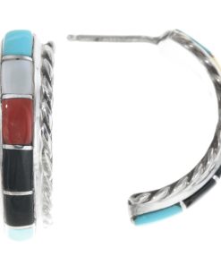 Zuni Inlaid Multi Stone Earrings Silver Half Hoop Posts 1513