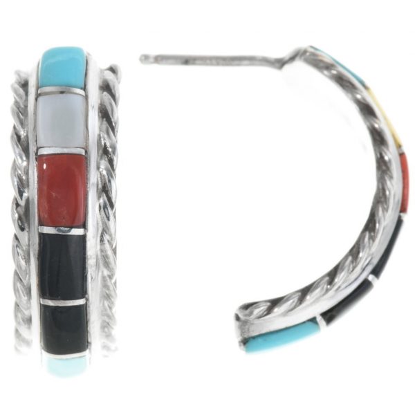 Zuni Inlaid Multi Stone Earrings Silver Half Hoop Posts 1513