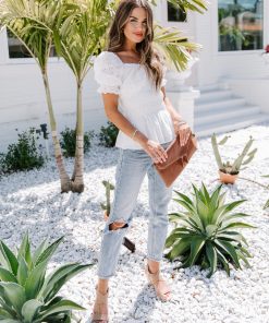 ‘TIL SUNDOWN COTTON EYELET PUFF SLEEVE PEPLUM TOP
