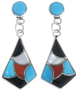 Zuni Turquoise Post Dangle Earrings Multi Stone Inlay 2326