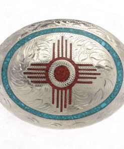 Zia Turquoise Coral Belt Buckle Engraved Silver Inlay 2490