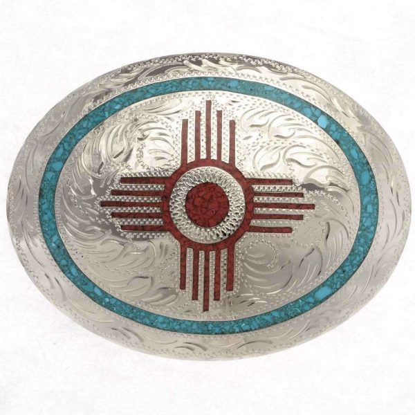 Zia Turquoise Coral Belt Buckle Engraved Silver Inlay 2490