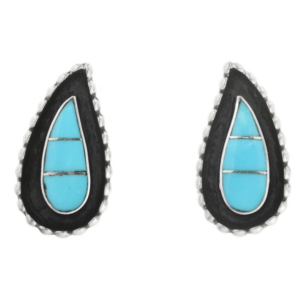 Zuni Inlaid Turquoise Post Earrings Old Leaf Pattern 2600