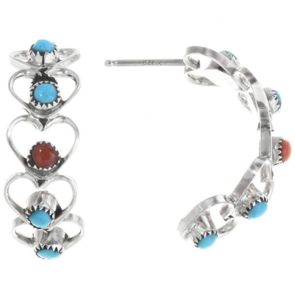 Zuni Turquoise Coral Heart Earrings Silver Half Hoops 2665