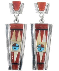Zuni Sunface Silver Dangle Earrings Colorful Kachina 2932