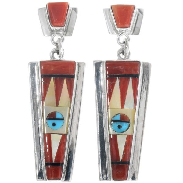 Zuni Sunface Silver Dangle Earrings Colorful Kachina 2932