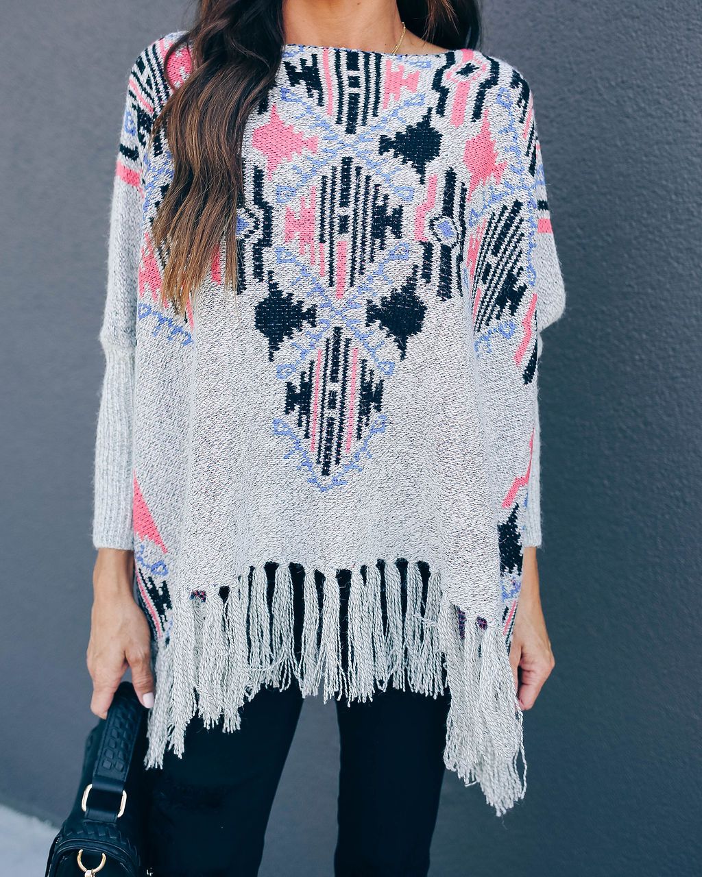 ZEKE COTTON BLEND FRINGE PONCHO SWEATER