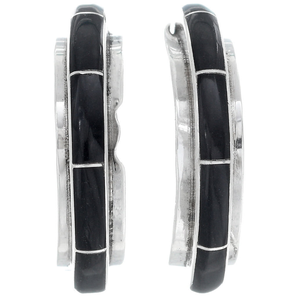 Zuni Inlaid Jet Silver Earrings Half Hoop Posts 0169