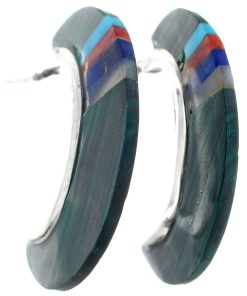 Zuni Malachite Inlaid Silver Earrings J Hoop Post 1440