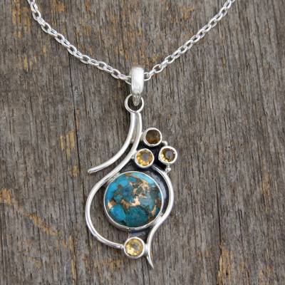 .925 Silver Necklace with Citrine and Composite Turquoise, "Golden Sky"