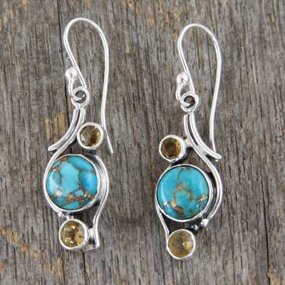 .925 Silver Earrings with Citrine and Composite Turquoise, "Golden Sky"