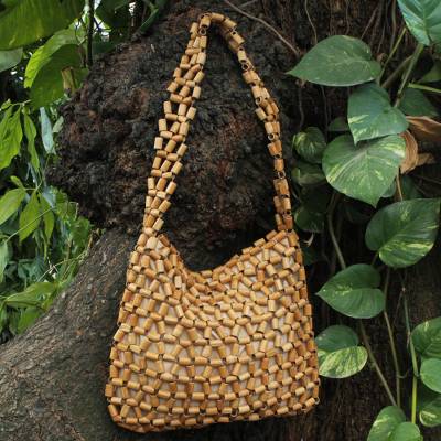 Handcrafted Bamboo Accent Shoulder Handbag from Brazil, "Lattice Connection"