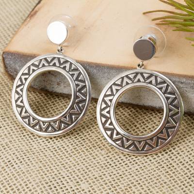 Zigzag Motif Sterling Silver Dangle Earrings from Mexico, "Zigzag Rings"