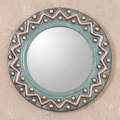 Zigzag Motif Copper and Bronze Wall Mirror from Peru, "Colonial Zigzags"