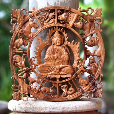 Zodiac-Themed Buddha Wood Relief Panel from Bali, "Zodiac Buddha"