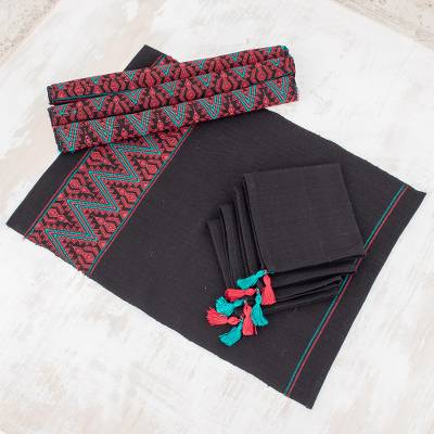 Zigzag Motif Cotton Table Linen Set for 4 from Guatemala, "Bright Zigzag"