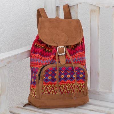 Zigzag Motif Handwoven Cotton Backpack from Guatemala, "Flowers of Comalapa"