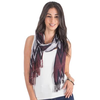 Zigzag Rayon Scarf in Burgundy and Indigo from Guatemala, "Lovely Zigzag"